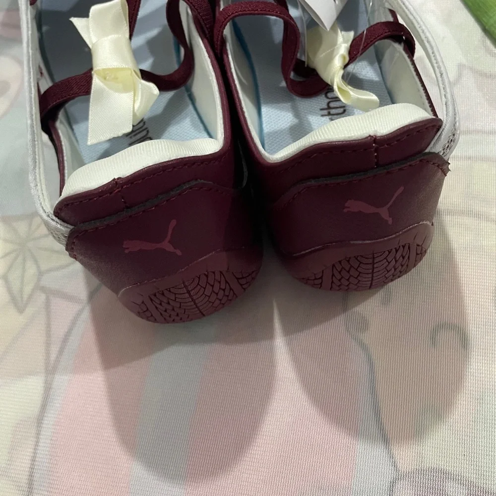 Puma Girls Burgundy and White Ballet Flats with Lace and Bows